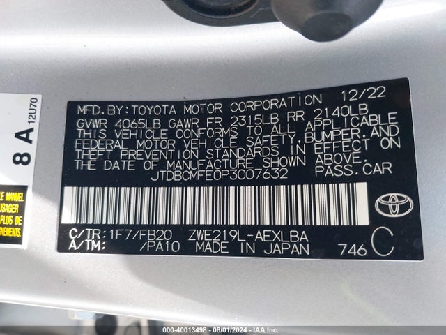 JTDBCMFE0P3007632 Toyota Corolla Hybrid Le