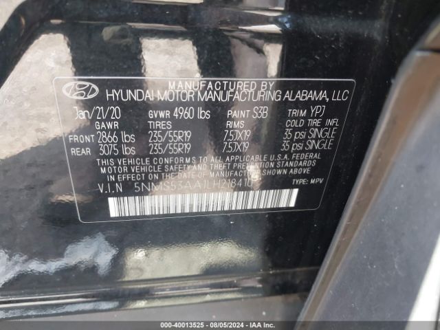 5NMS53AA1LH218410 Hyundai Santa Fe Limited 2.0t