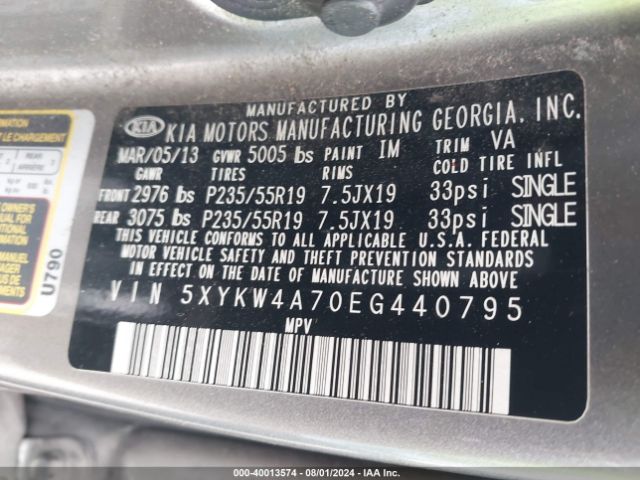 5XYKW4A70EG440795 KIA SORENTO SX