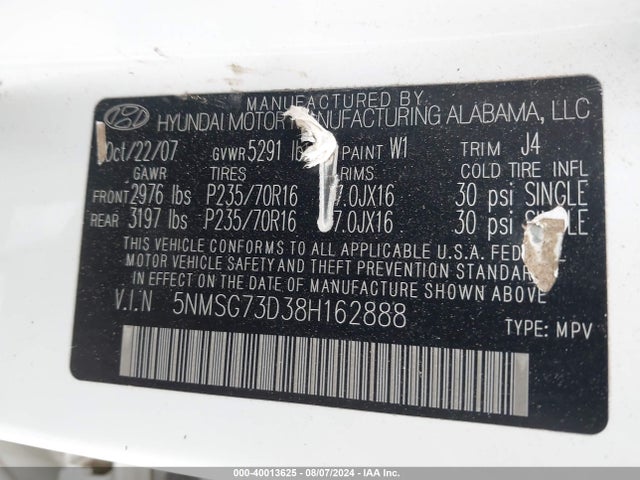Продажа на аукционе авто 2008 Hyundai Santa Fe Gls, vin: 5NMSG73D38H162888, номер лота: 40013625