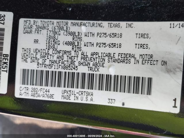 5TFRM5F11FX085245 Toyota Tundra Sr5 4.6l V8