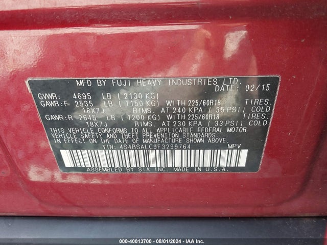 Subaru Outback 2.5i Limited 2015 4S4BSALC9F3299764 Image 9