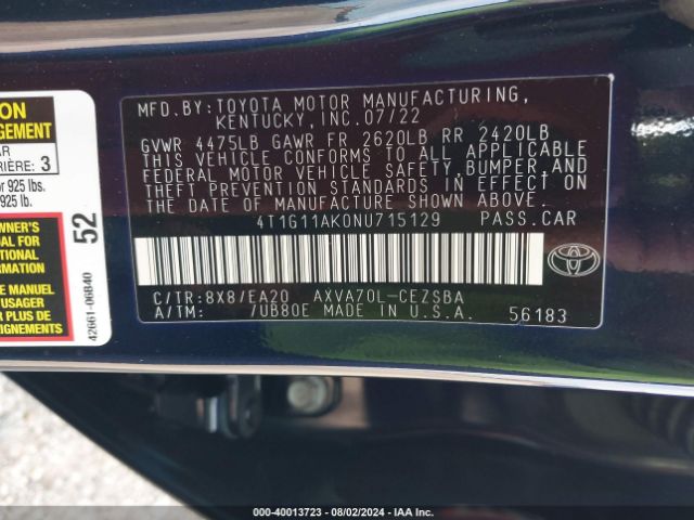 4T1G11AK0NU715129 Toyota CAMRY SE