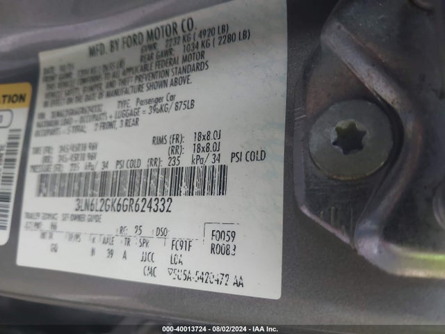 3LN6L2GK6GR624332 Lincoln MKZ