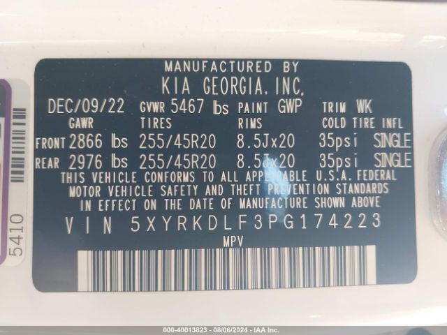5XYRKDLF3PG174223 KIA SORENTO SX