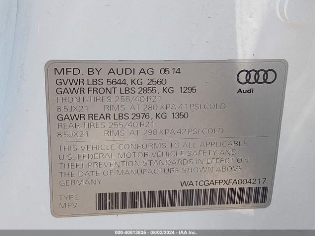 WA1CGAFPXFA004217 Audi Sq5 3.0t Premium Plus