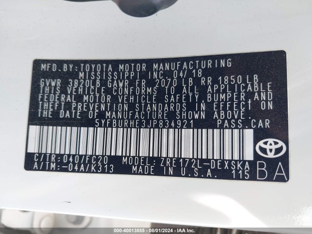 Toyota COROLLA SE 2018 5YFBURHE3JP834921 Image 9