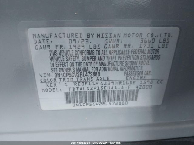 3N1CP5CV2RL472880 Nissan Kicks Sv Xtronic Cvt
