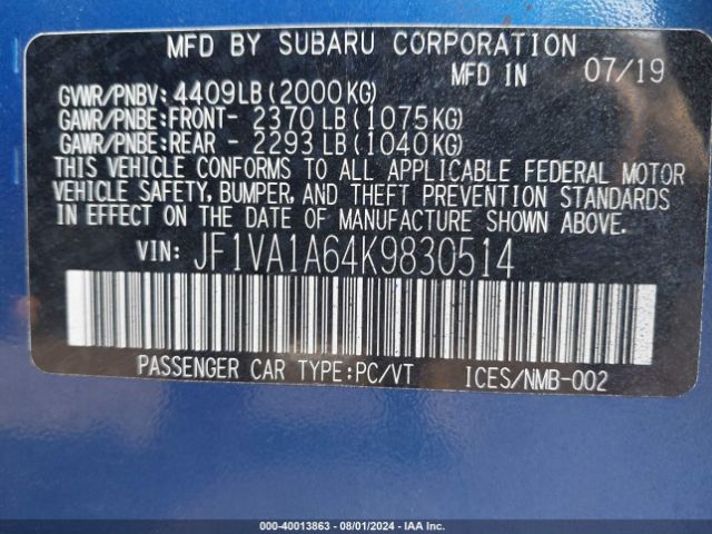 JF1VA1A64K9830514 Subaru WRX