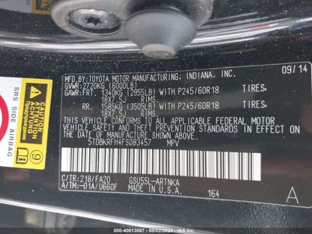 5TDBKRFH4FS083457 Toyota Highlander Le Plus V6