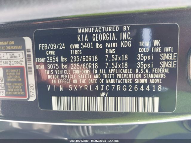 5XYRL4JC7RG264418 KIA SORENTO S