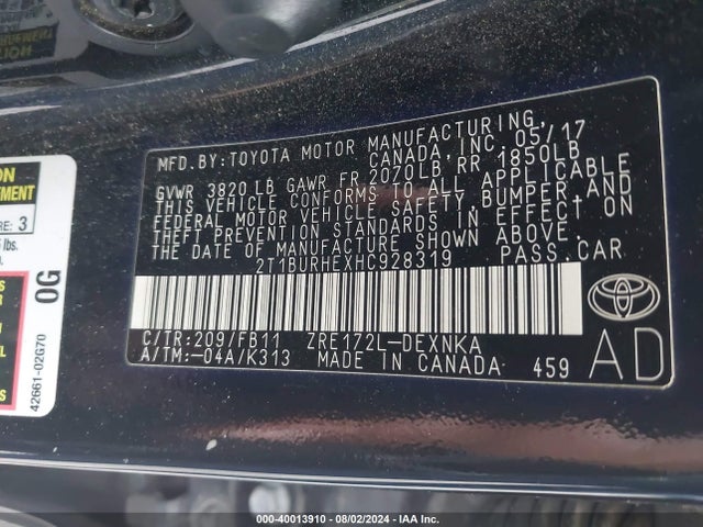 Toyota COROLLA LE 2017 2T1BURHEXHC928319 Image 9