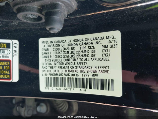 Honda Cr-v Ex-l 2016 2HKRM4H77GH718436 Image 9