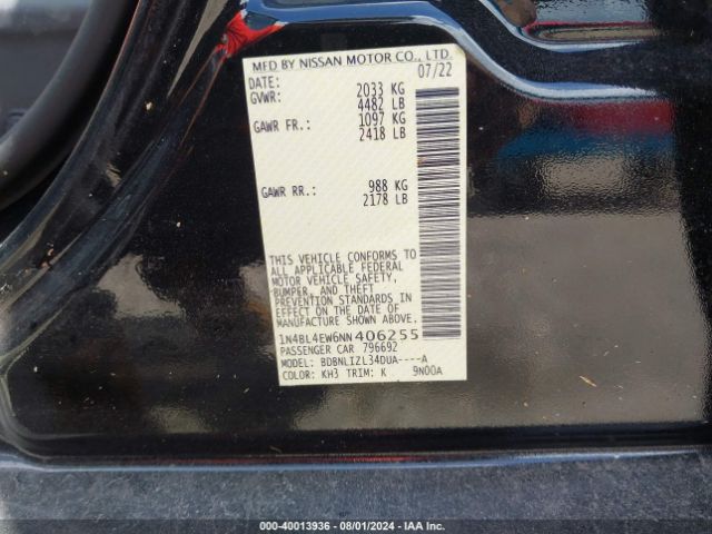 1N4BL4EW6NN406255 Nissan Altima Sl Intelligent Awd