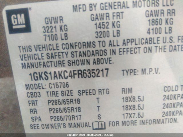 1GKS1AKC4FR635217 GMC YUKON SLE