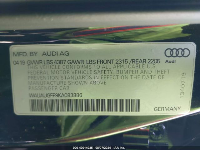 WAUAUGFF9KA083886 Audi A3 40 Premium/40 Titanium Premium
