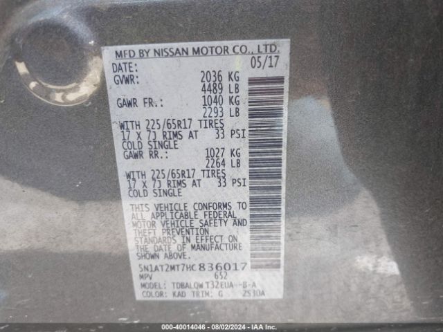 5N1AT2MT7HC836017 Nissan ROGUE SV