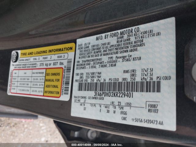 3FA6P0HD2KR229401 Ford FUSION SE