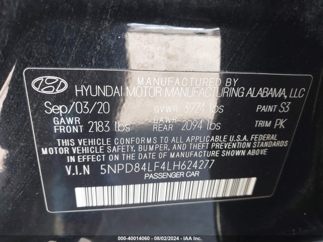 5NPD84LF4LH624277 Hyundai ELANTRA SEL