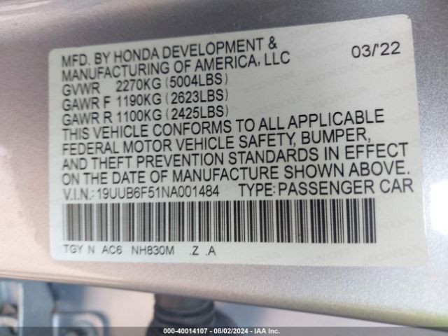 19UUB6F51NA001484 Acura Tlx A-spec Package