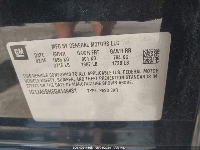 Chevrolet Sonic Ls Auto 2016 1G1JA5SH6G4149431 Image 9