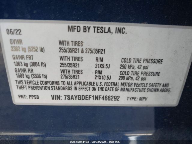 7SAYGDEF1NF466292 Tesla Model Y Performance Dual Motor All-wheel Drive