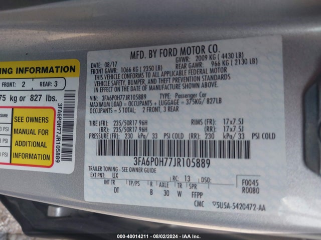 Ford FUSION SE 2018 3FA6P0H77JR105889 Image 9