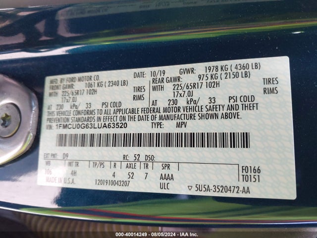 Ford ESCAPE SE 2020 1FMCU0G63LUA63520 Image 9