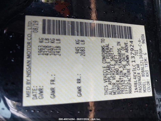 1N4BL4EV3LC137924 Nissan Altima Sl Fwd