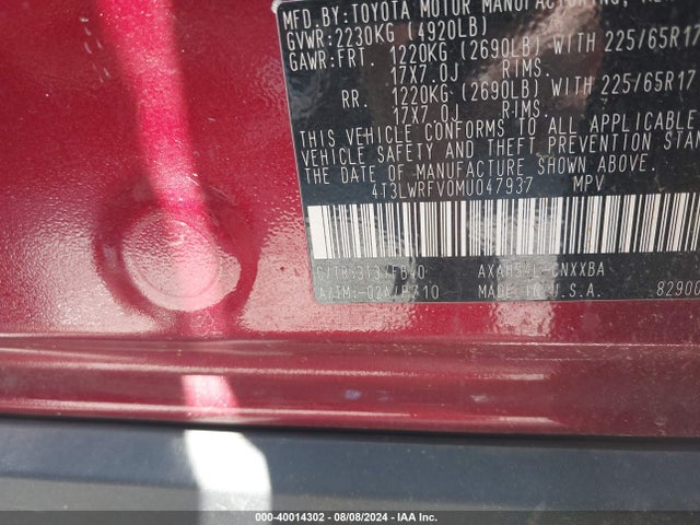 4T3LWRFV0MU047937 Toyota Rav4 Hybrid Le