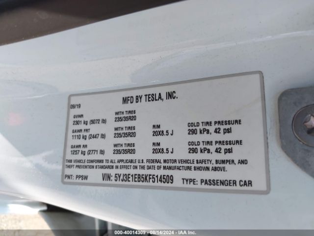5YJ3E1EB5KF514509 Tesla Model 3 Long Range/performance