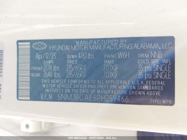 5NMJBCAE6PH259466 Hyundai TUCSON SEL