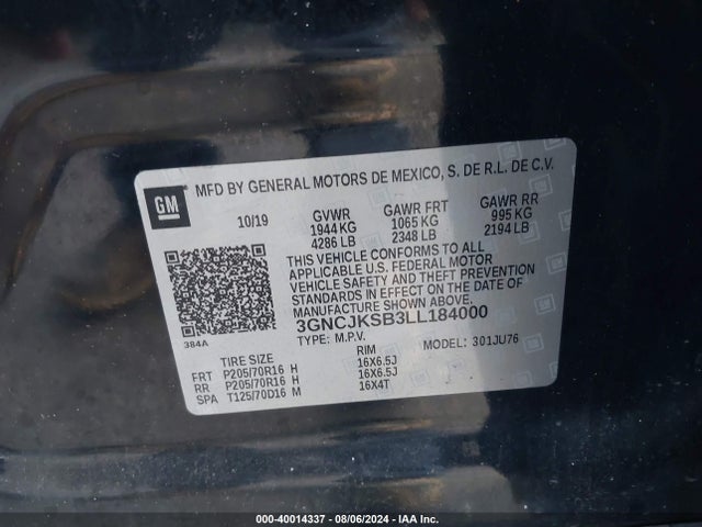 Chevrolet Trax Fwd Ls 2020 3GNCJKSB3LL184000 Image 9