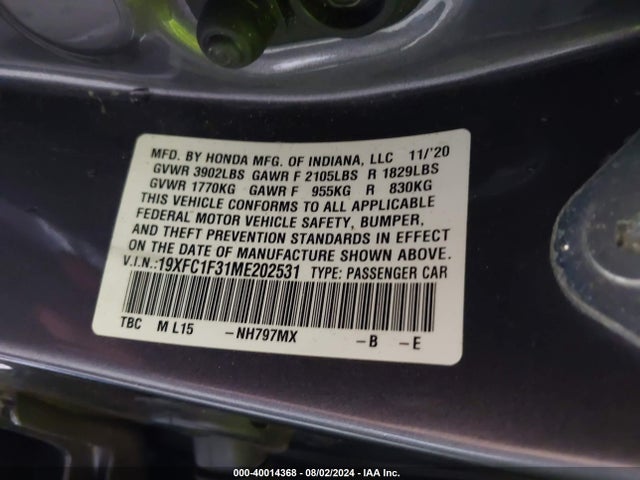 Honda CIVIC EX 2021 19XFC1F31ME202531 Image 9