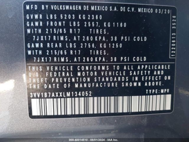 3VV1B7AXXLM134052 Volkswagen Tiguan 2.0t S