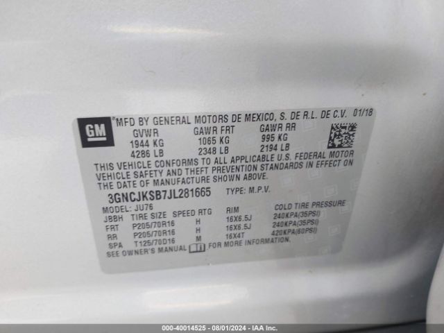 3GNCJKSB7JL281665 Chevrolet TRAX LS