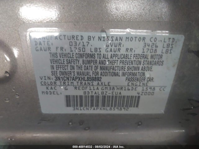 Nissan Versa 1.6 Sv 2017 3N1CN7APXHL859892 Image 9