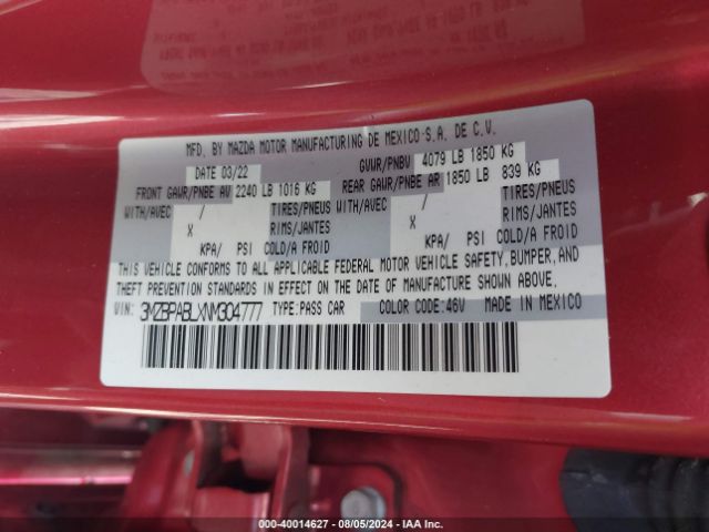 3MZBPABLXNM304777 Mazda Mazda3 Select