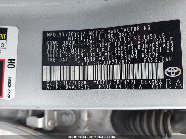 Toyota COROLLA SE 2018 5YFBURHE9JP742812 Image 9