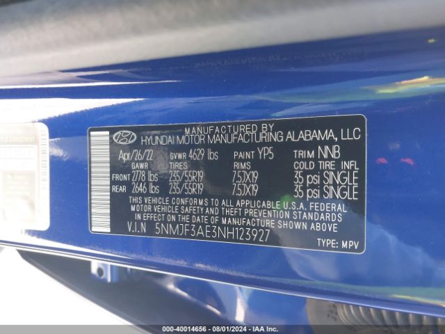 5NMJF3AE3NH123927 Hyundai TUCSON SEL