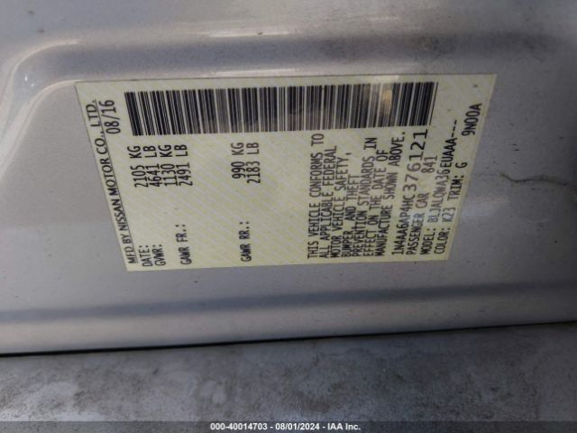 1N4AA6AP4HC376121 Nissan Maxima 3.5 Platinum/3.5 S/3.5 Sl/3.5 Sr/3.5 Sv