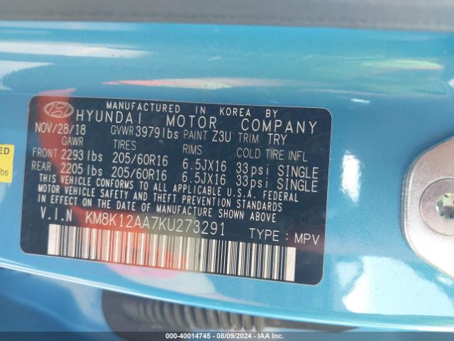 KM8K12AA7KU273291 Hyundai Kona Se