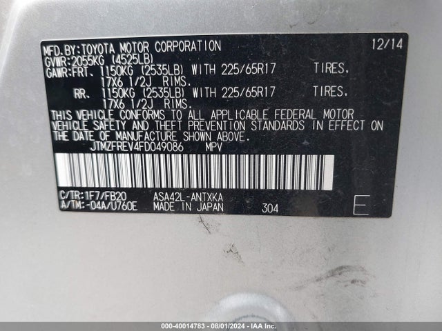 Toyota RAV4 LE 2015 JTMZFREV4FD049086 Image 9