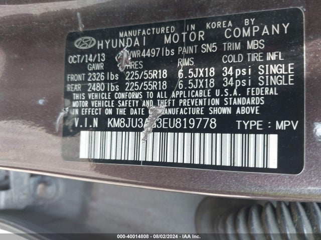Hyundai Tucson Limited 2014 KM8JU3AG3EU819778 Image 9