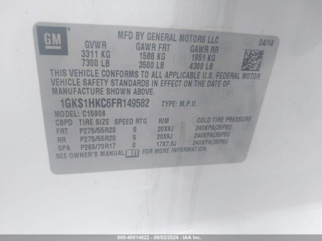 1GKS1HKC6FR149582 GMC Yukon Xl 1500 Slt