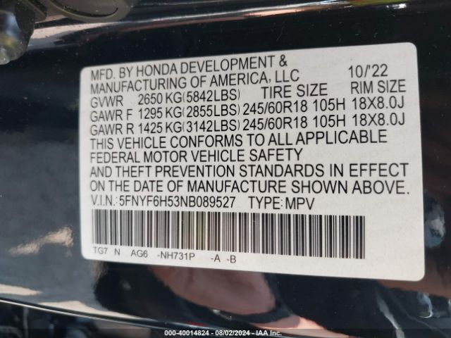 5FNYF6H53NB089527 Honda Pilot Awd Ex-l