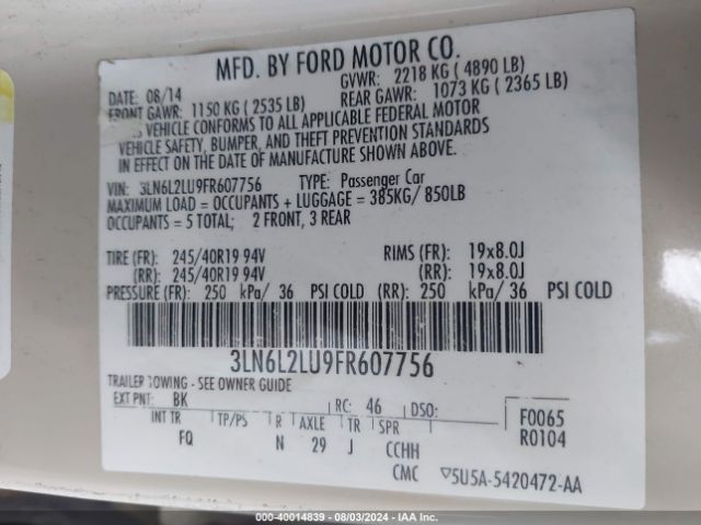 3LN6L2LU9FR607756 Lincoln MKZ HYBRID