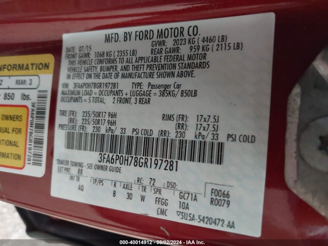 Ford FUSION SE 2016 3FA6P0H78GR197281 Image 9