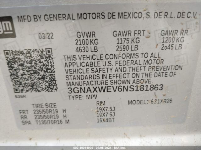 3GNAXWEV6NS181863 Chevrolet Equinox Awd Rs