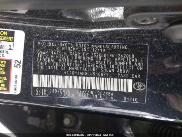 4T1G11AK8LU916872 Toyota Camry Se Nightshade Edition